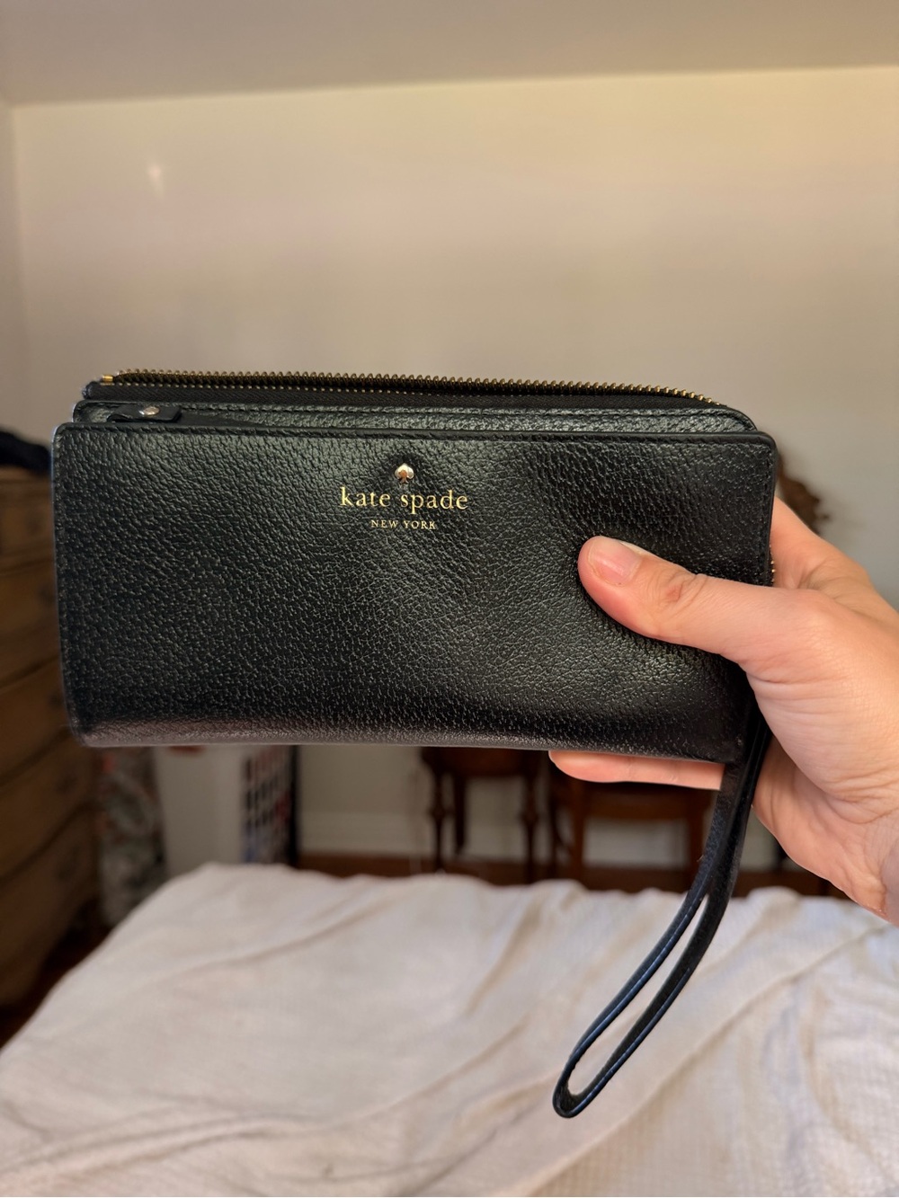 kate spade Black Leather Zip Wristlet Wallet with Gold Logo